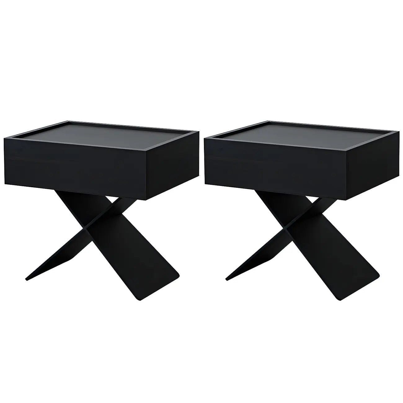 Petite table de chevet avec tiroirs et pieds en X en bois noir