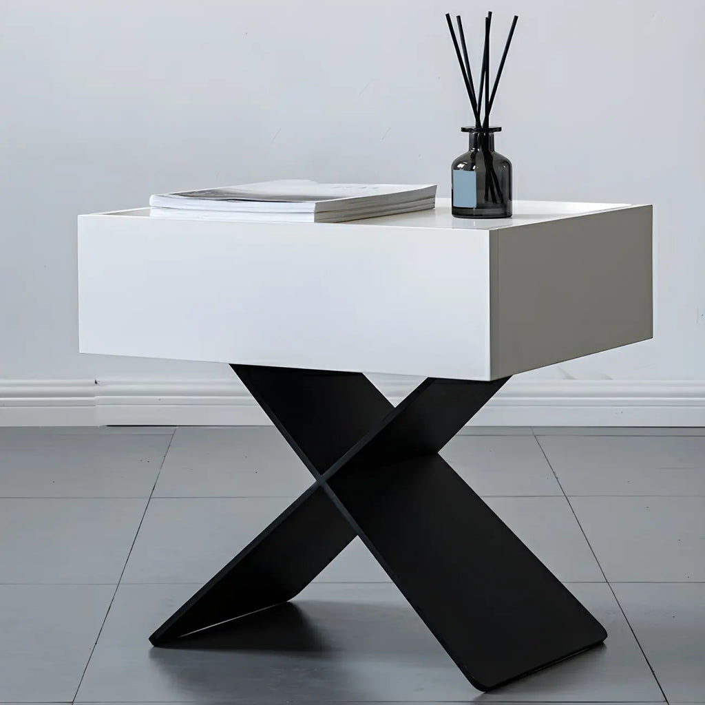 Petite table de chevet avec tiroirs et pieds en X en bois noir