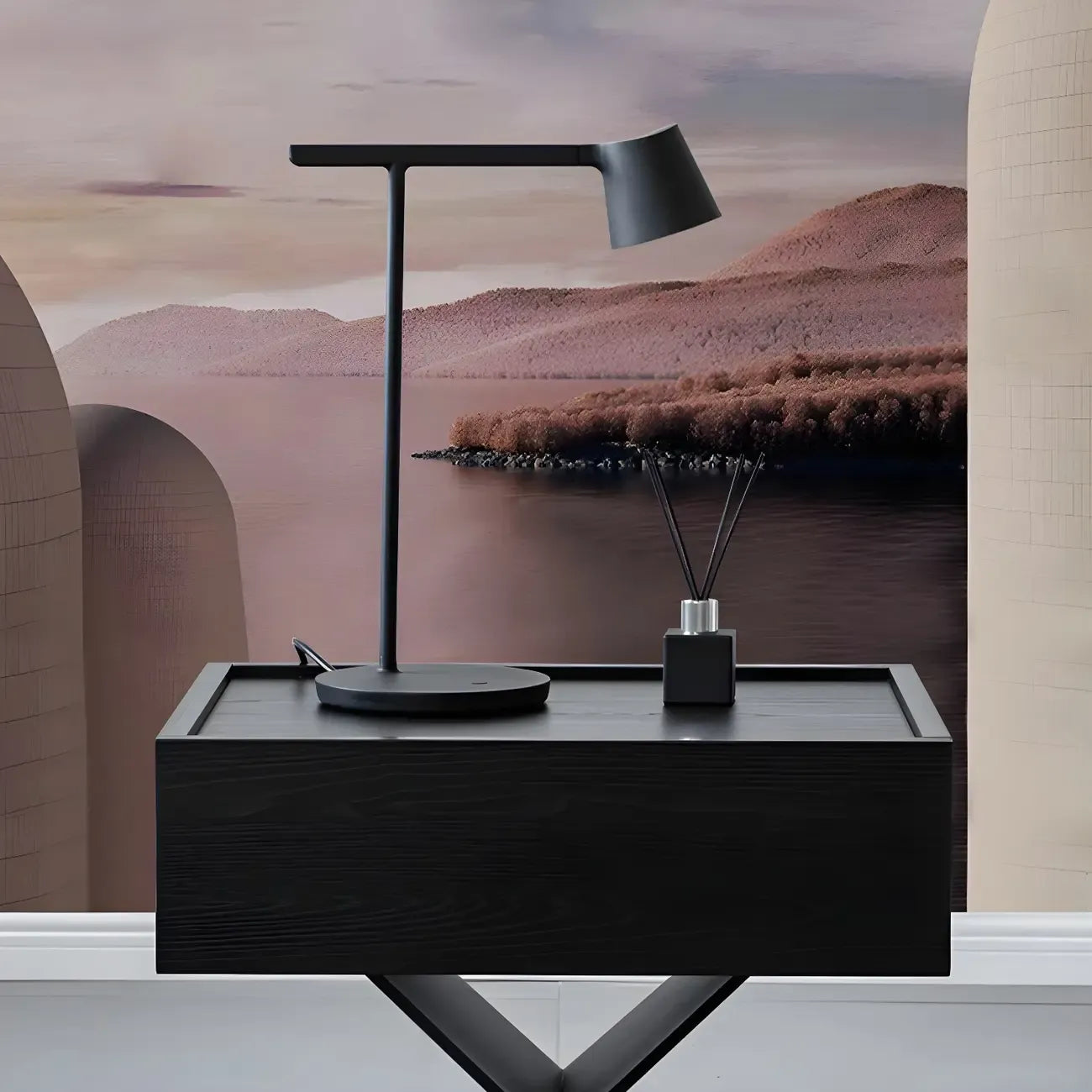 Petite table de chevet avec tiroirs et pieds en X en bois noir