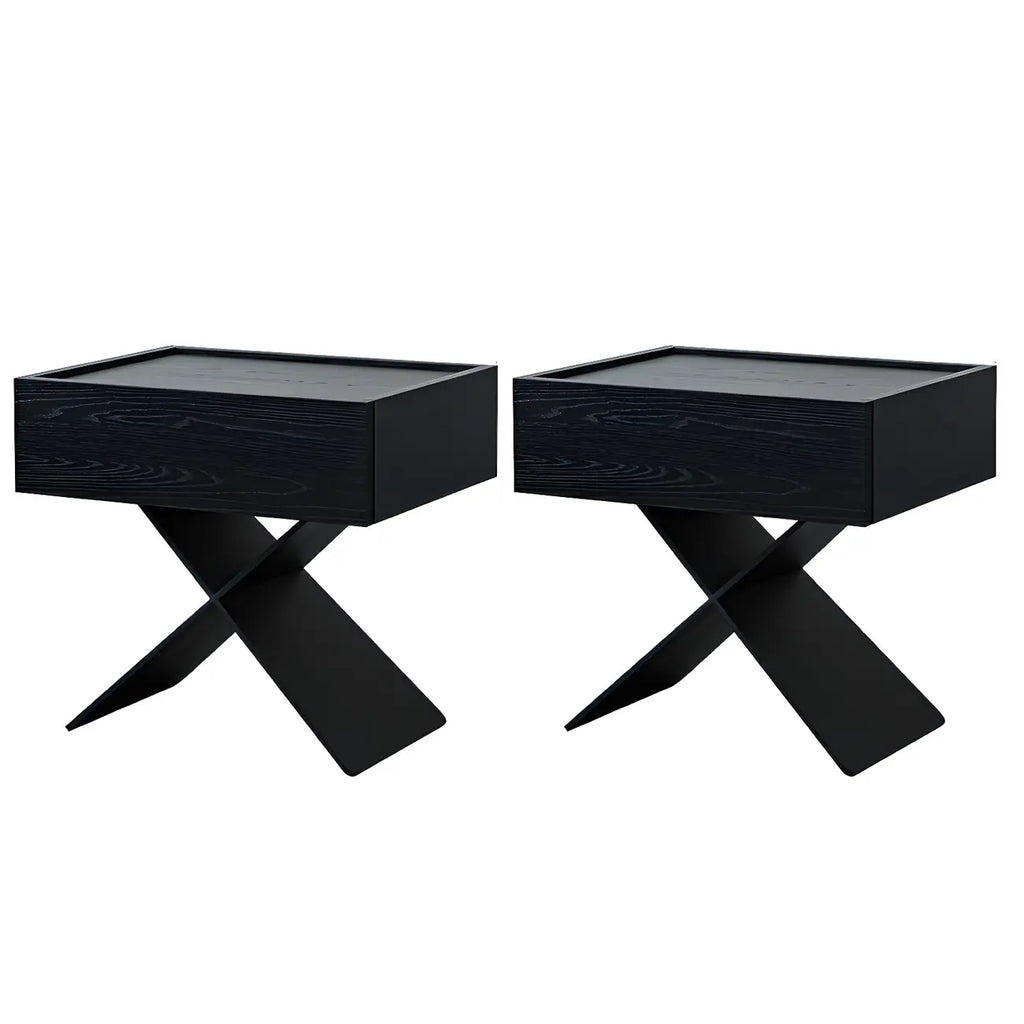 Petite table de chevet avec tiroirs et pieds en X en bois noir