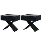 Petite table de chevet avec tiroirs et pieds en X en bois noir
