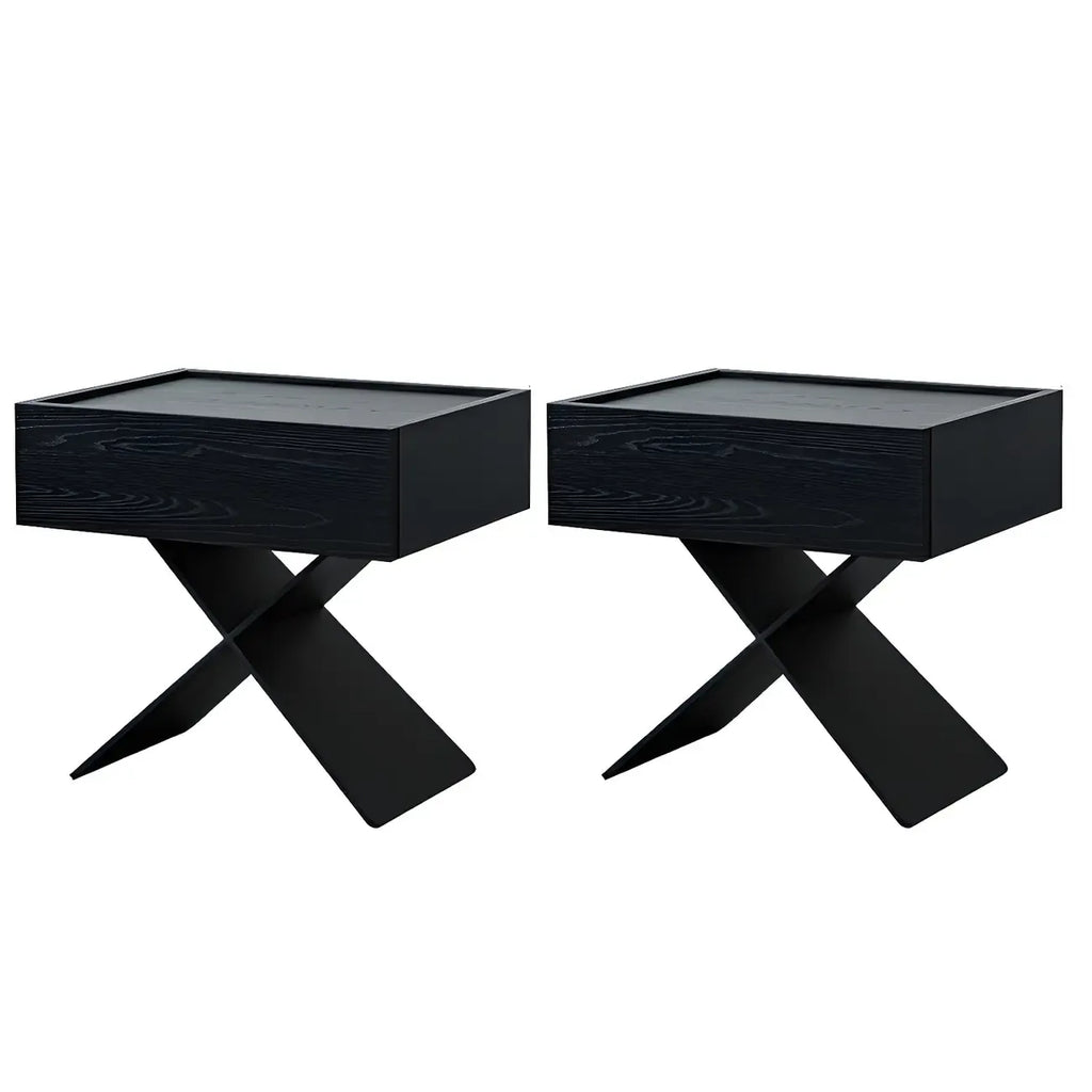 Petite table de chevet avec tiroirs et pieds en X en bois noir