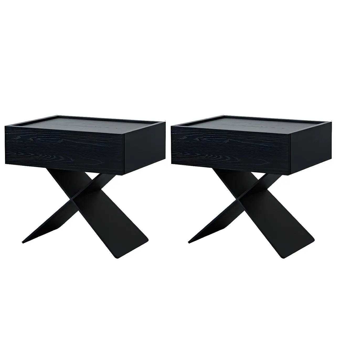 Petite table de chevet avec tiroirs et pieds en X en bois noir
