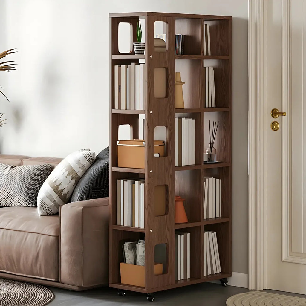 Bibliothèque à cinq niveaux sur roulettes, en bois brun noyer, style milieu du siècle