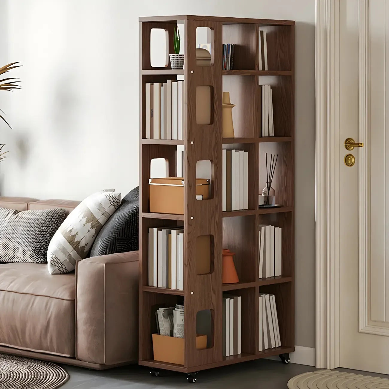 Bibliothèque à cinq niveaux sur roulettes, en bois brun noyer, style milieu du siècle