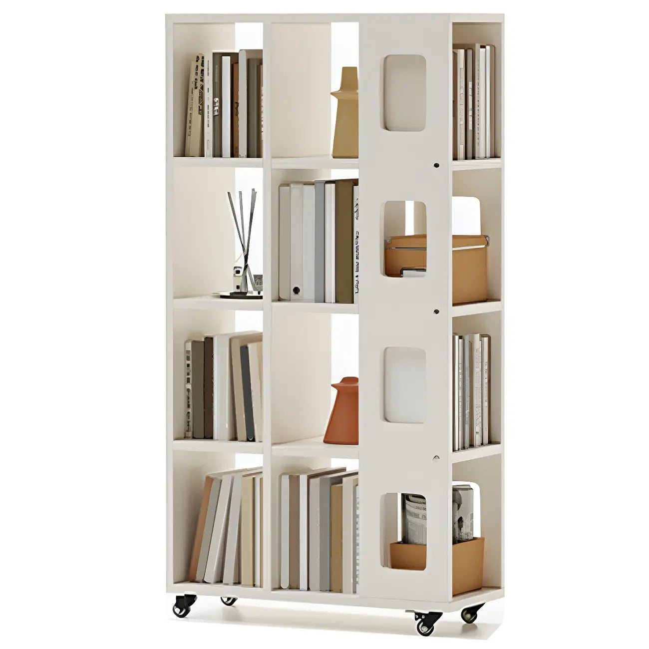 Bibliothèque à cinq niveaux sur roulettes, en bois brun noyer, style milieu du siècle