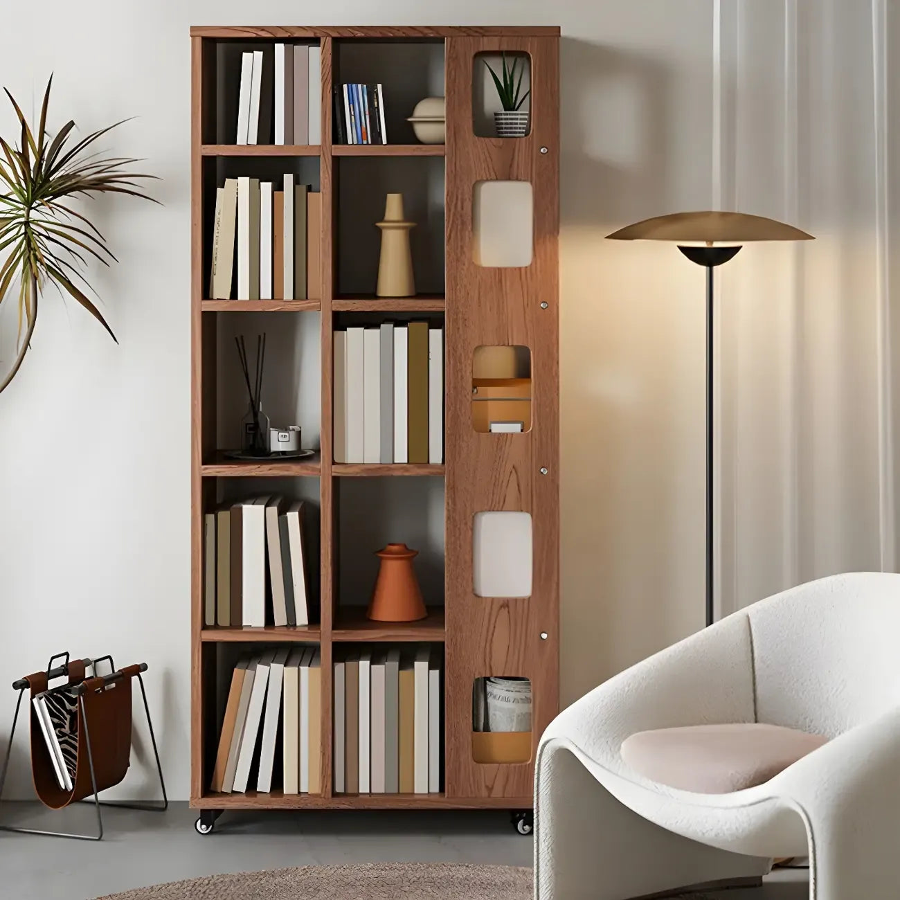 Bibliothèque à cinq niveaux sur roulettes, en bois brun noyer, style milieu du siècle
