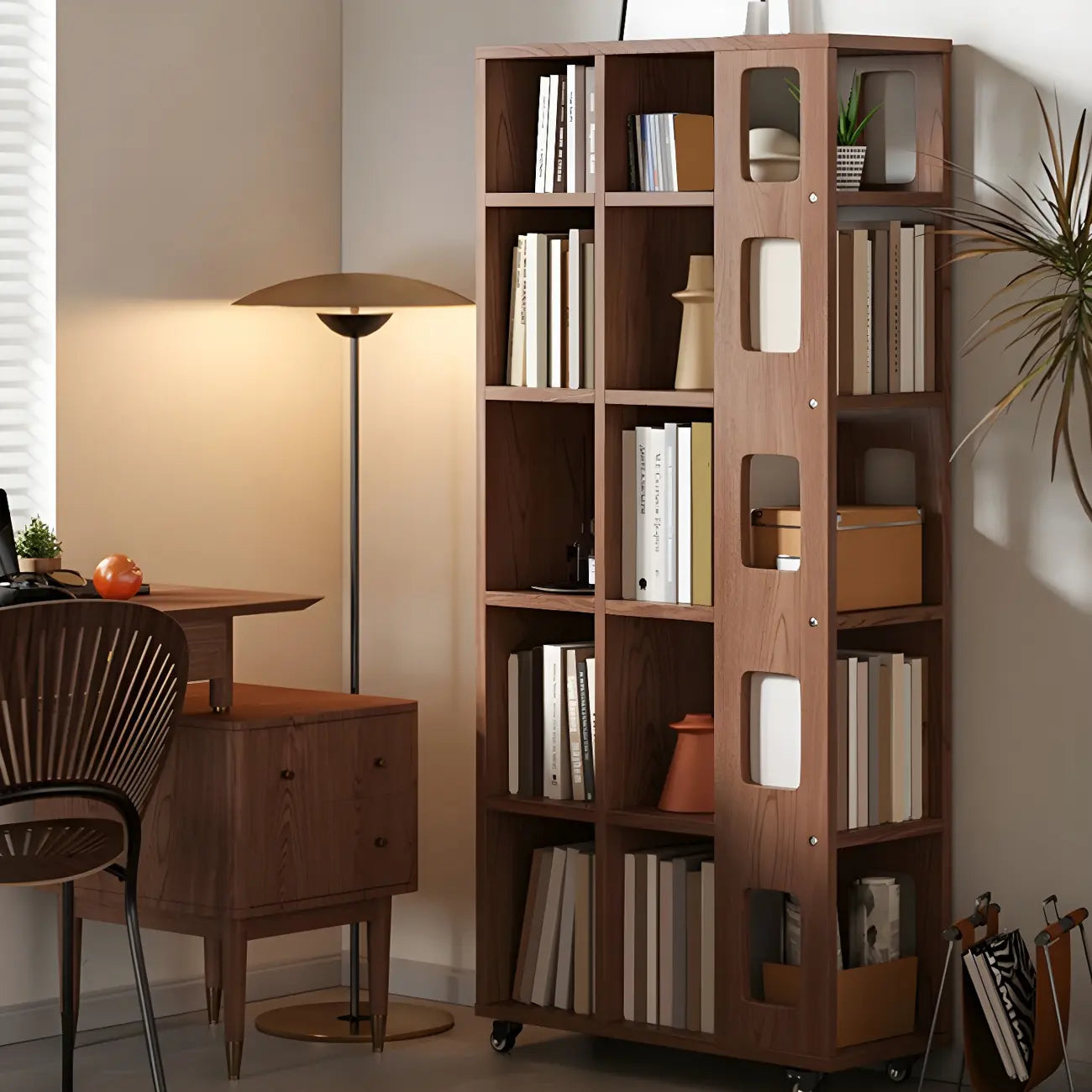 Bibliothèque à cinq niveaux sur roulettes, en bois brun noyer, style milieu du siècle