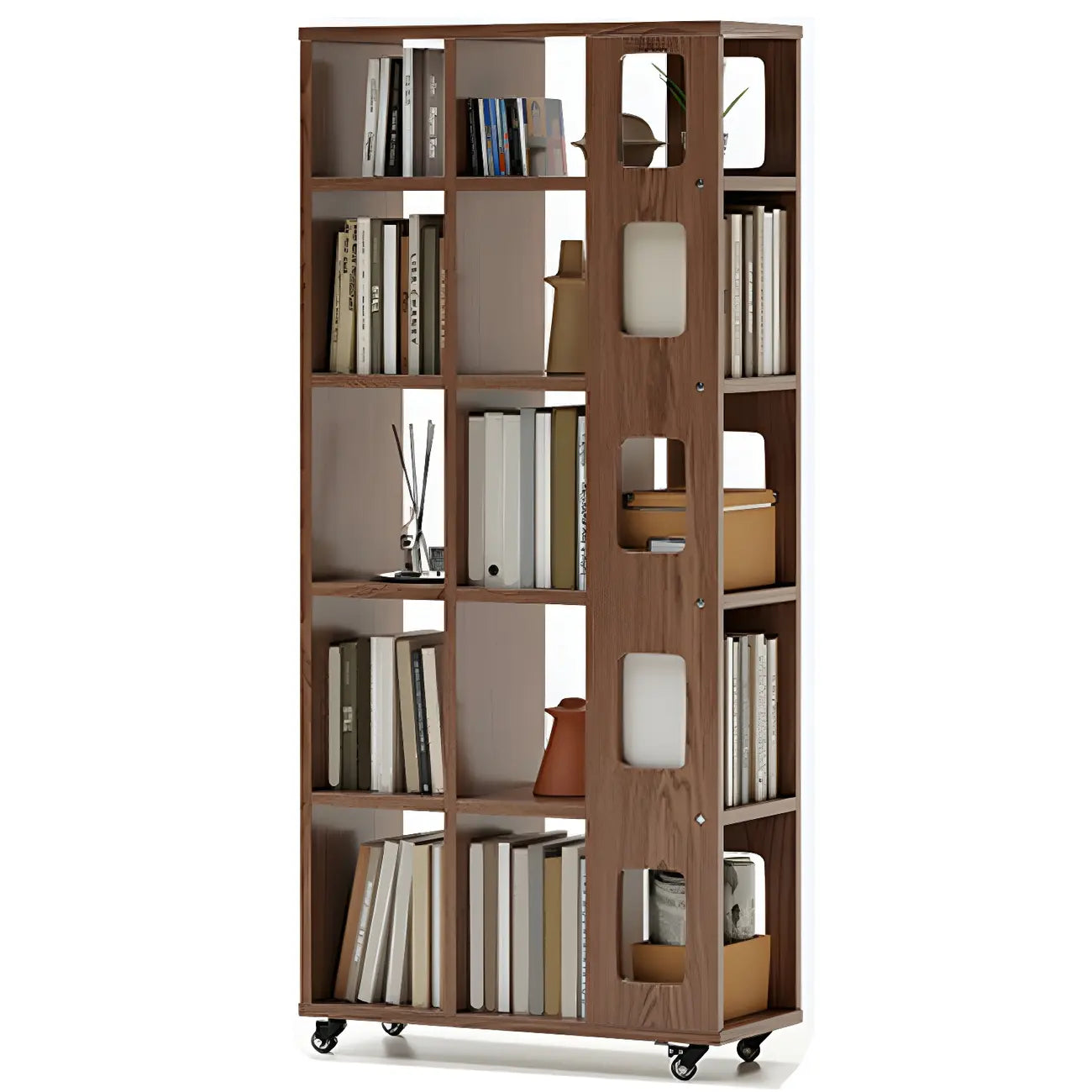 Bibliothèque à cinq niveaux sur roulettes, en bois brun noyer, style milieu du siècle
