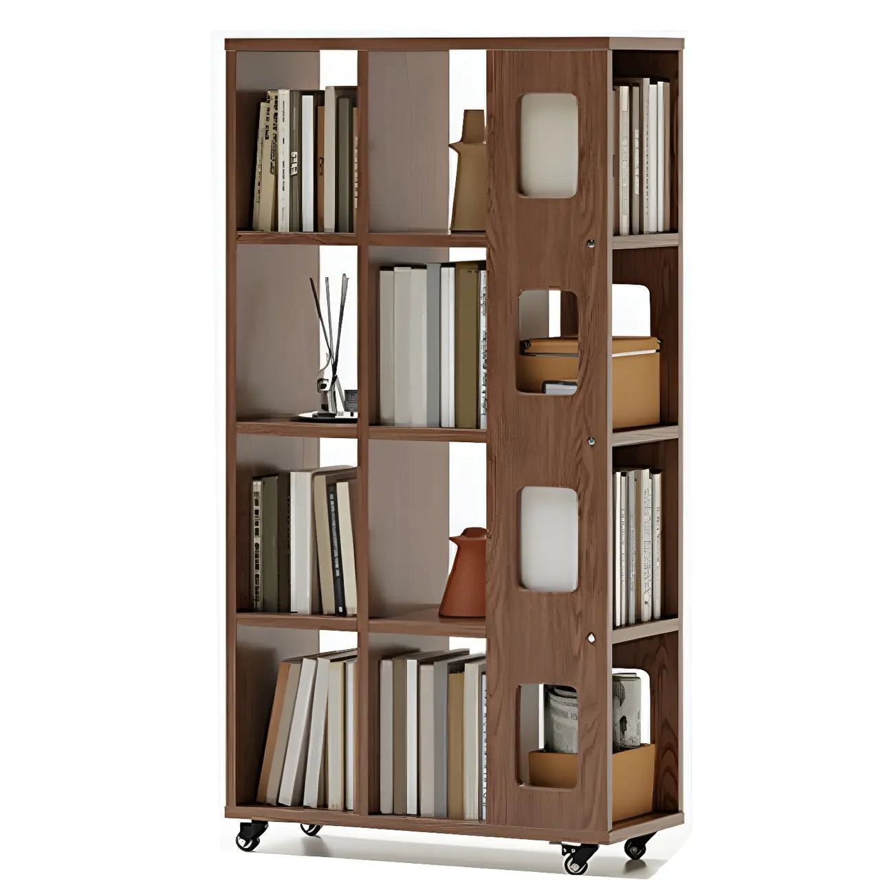 Bibliothèque à cinq niveaux sur roulettes, en bois brun noyer, style milieu du siècle