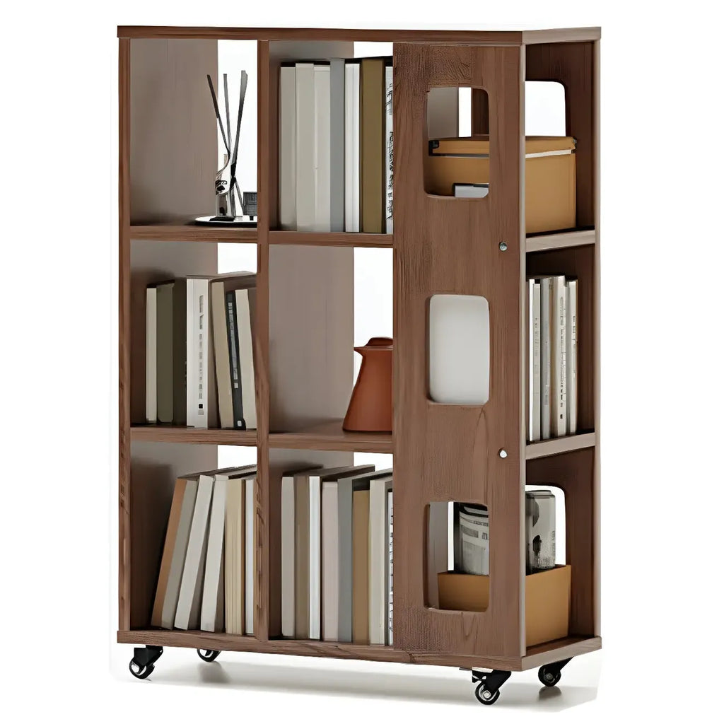 Bibliothèque à cinq niveaux sur roulettes, en bois brun noyer, style milieu du siècle