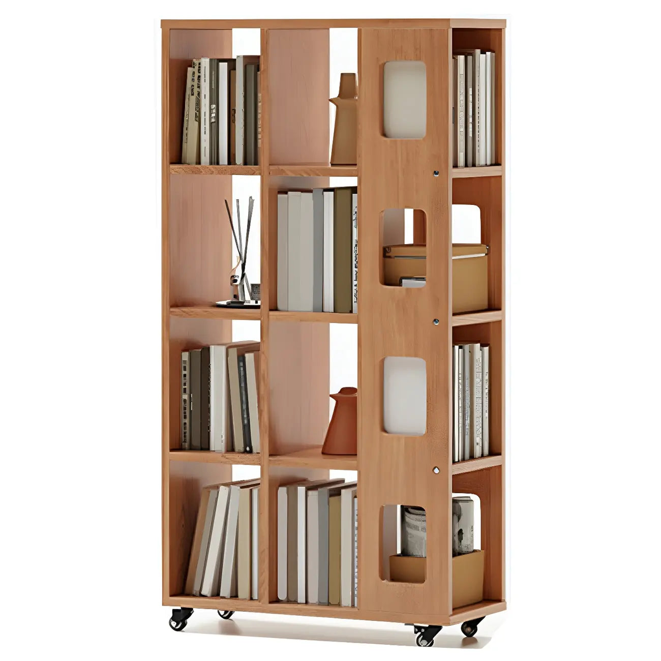 Bibliothèque à cinq niveaux sur roulettes, en bois brun noyer, style milieu du siècle
