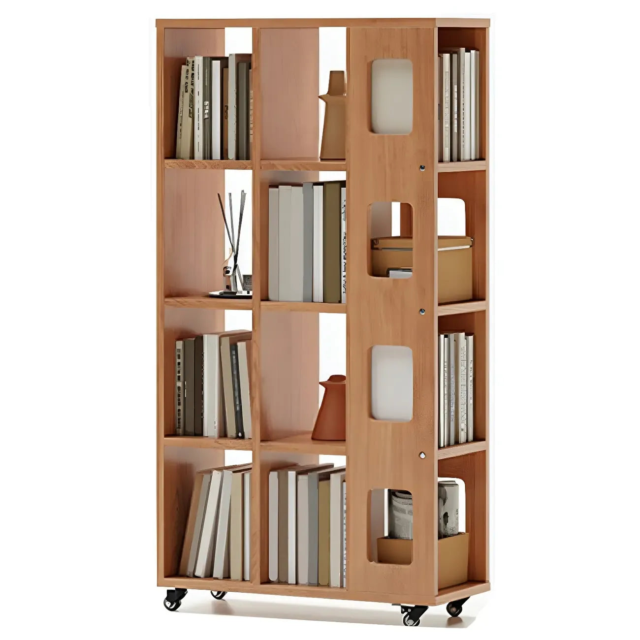 Bibliothèque à cinq niveaux sur roulettes, en bois brun noyer, style milieu du siècle