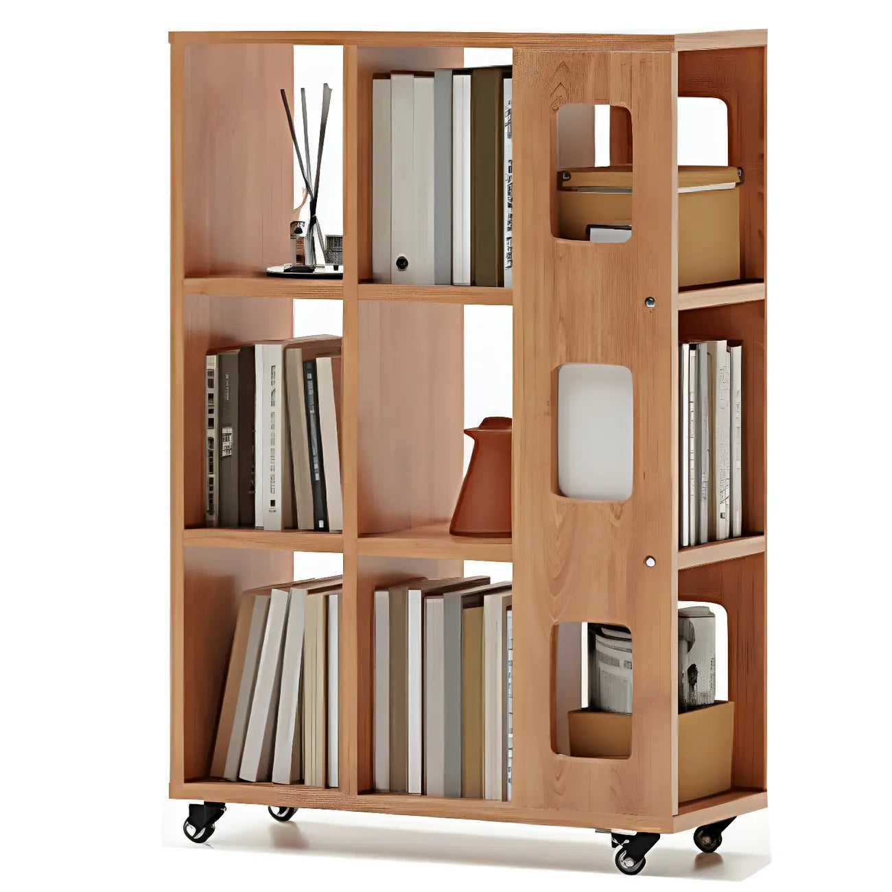 Bibliothèque à cinq niveaux sur roulettes, en bois brun noyer, style milieu du siècle
