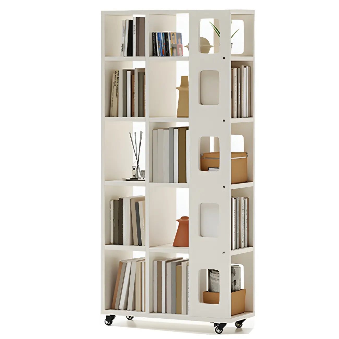 Bibliothèque à cinq niveaux sur roulettes, en bois brun noyer, style milieu du siècle