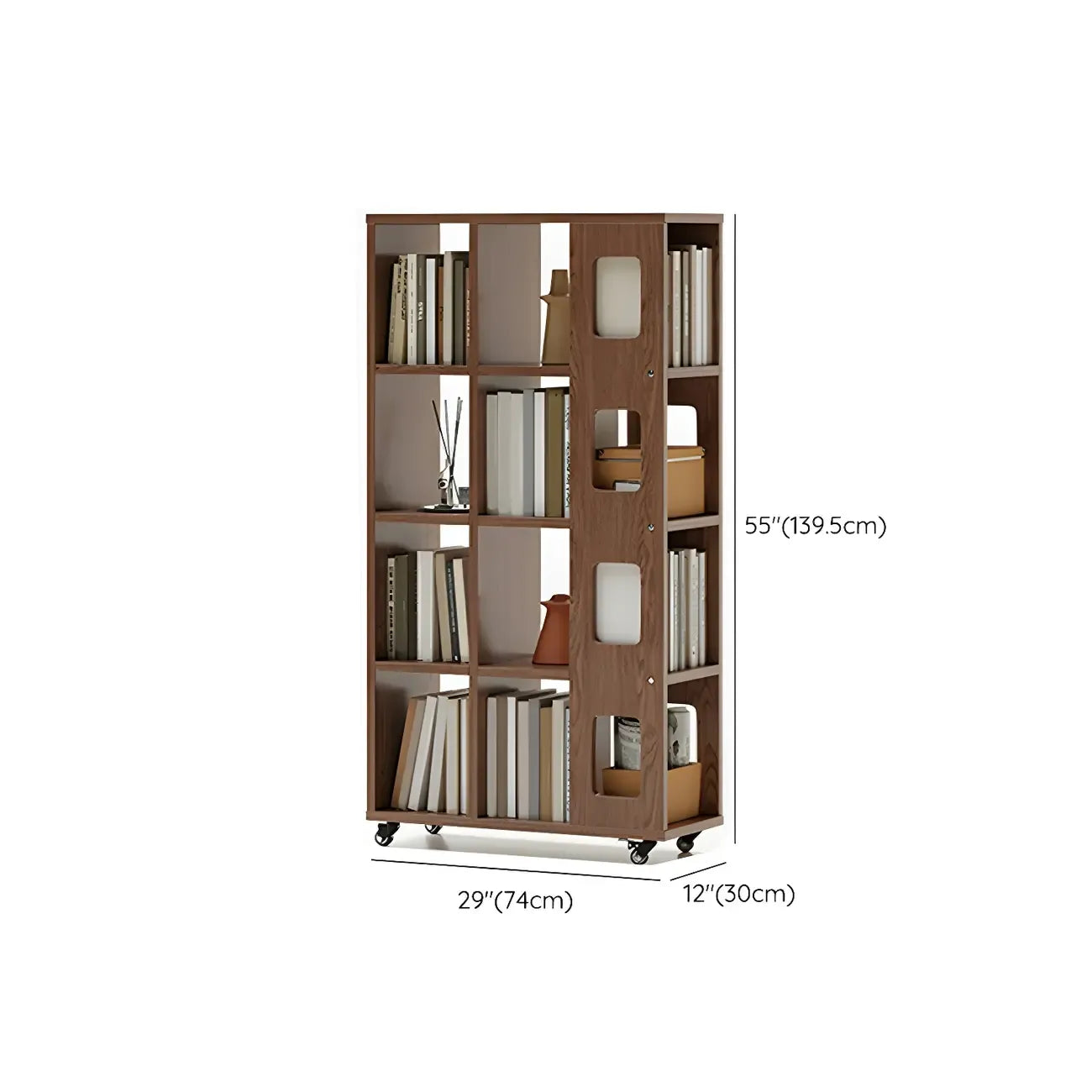 Bibliothèque à cinq niveaux sur roulettes, en bois brun noyer, style milieu du siècle