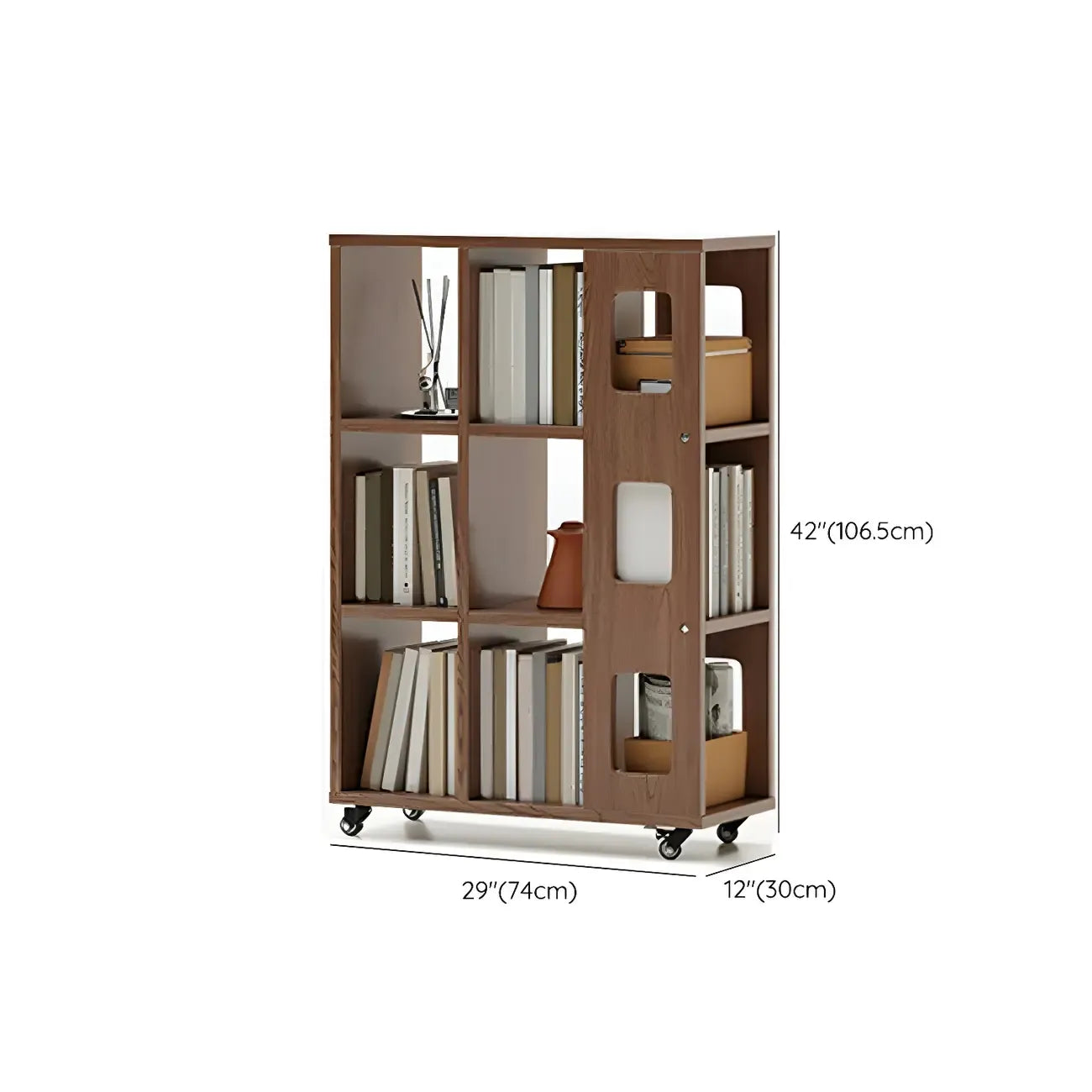 Bibliothèque à cinq niveaux sur roulettes, en bois brun noyer, style milieu du siècle