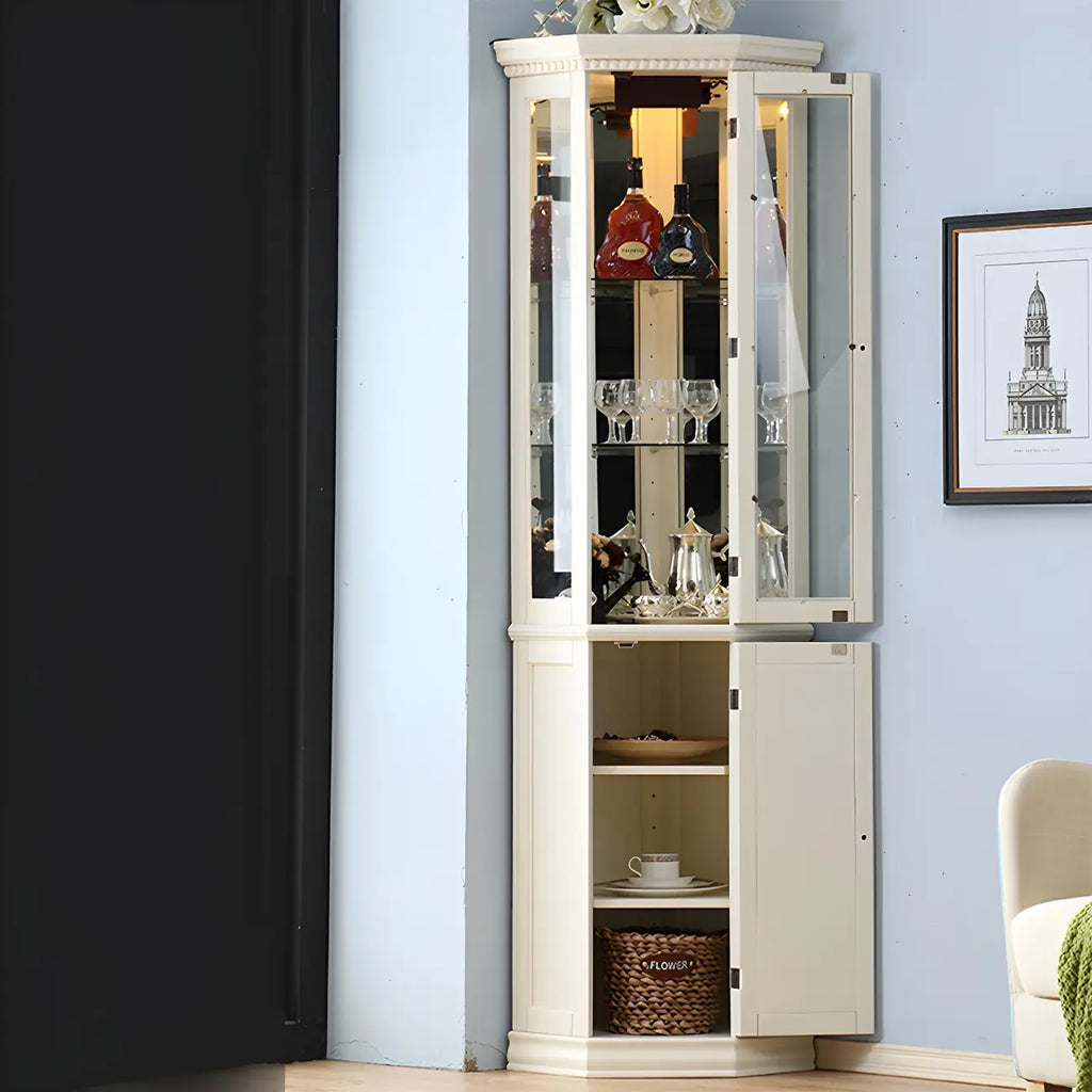 Vitrine d'angle classique en bois blanc et verre à 5 étagères