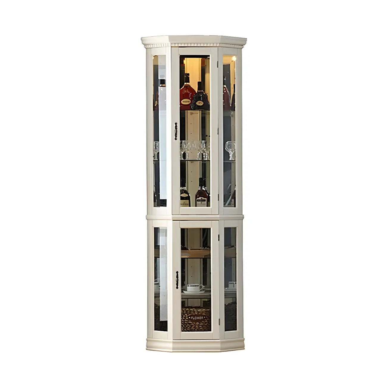 Vitrine d'angle classique en bois blanc et verre à 5 étagères