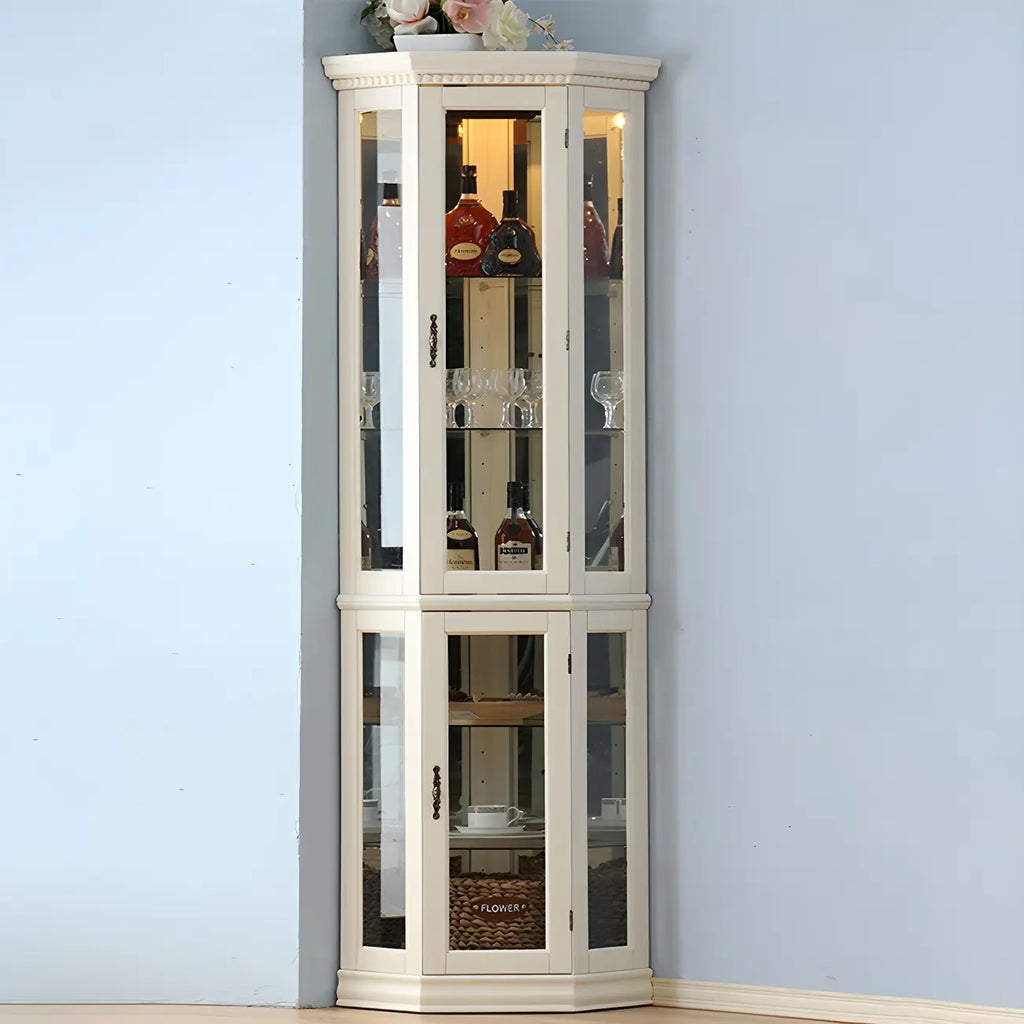 Vitrine d'angle classique en bois blanc et verre à 5 étagères