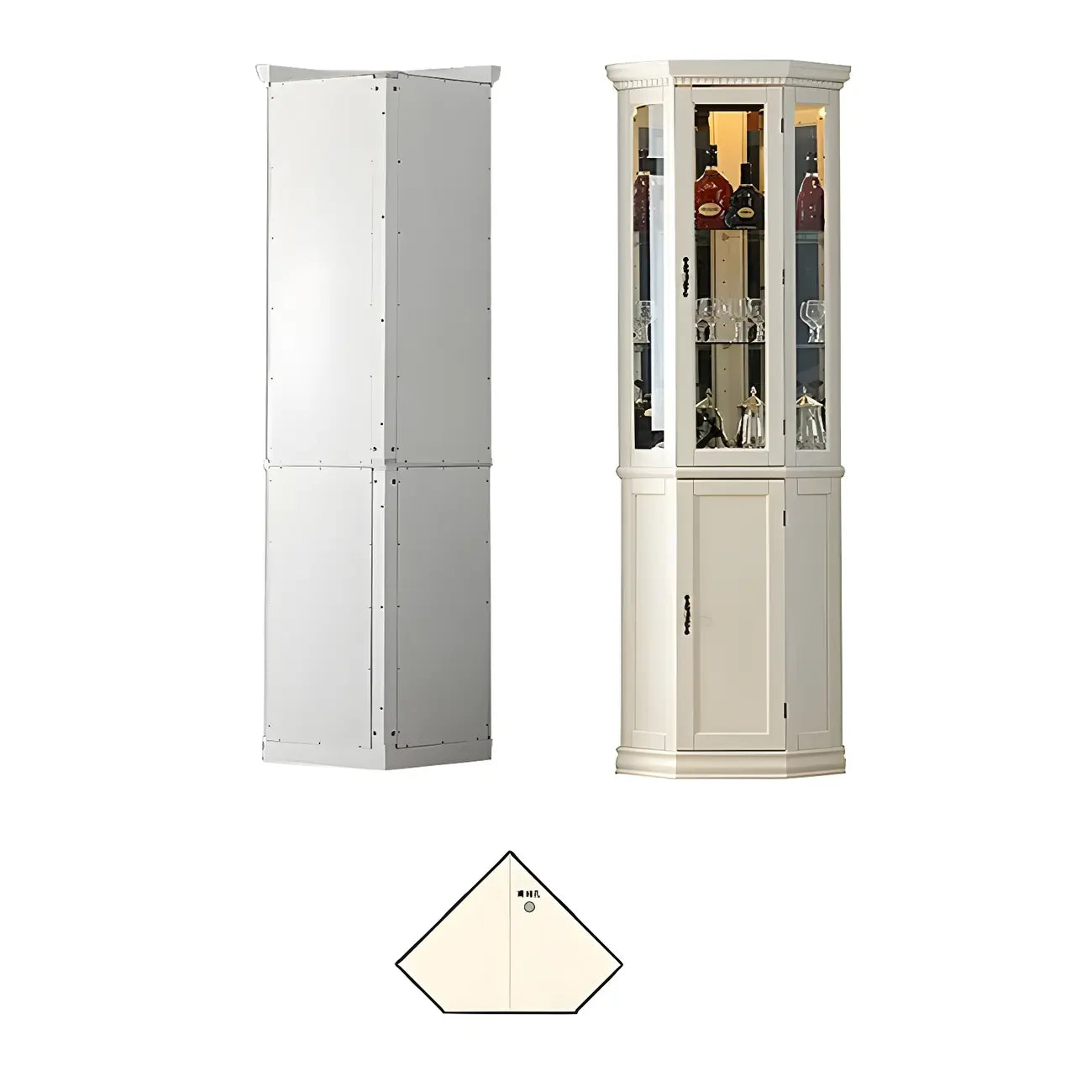 Vitrine d'angle classique en bois blanc et verre à 5 étagères