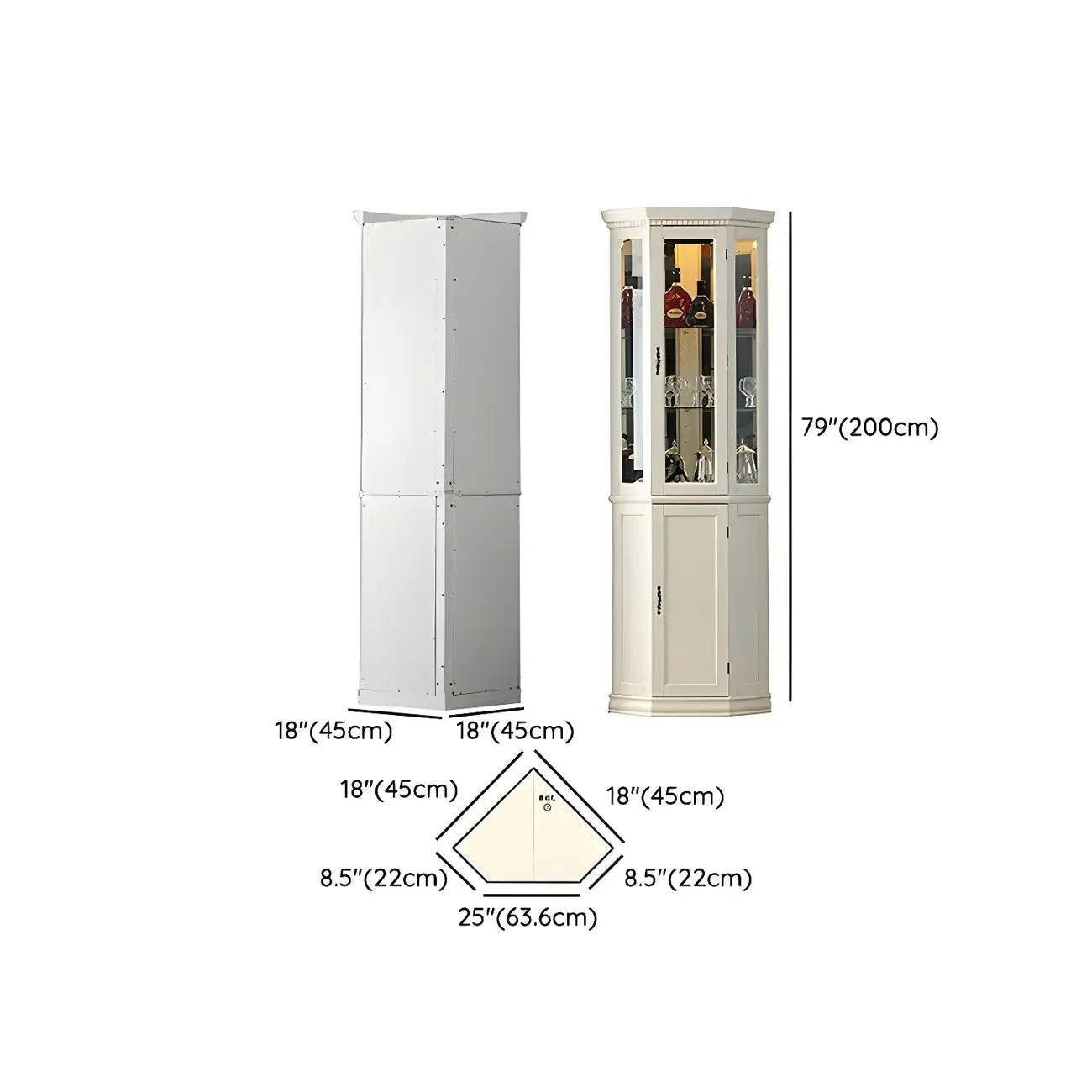 Vitrine d'angle classique en bois blanc et verre à 5 étagères