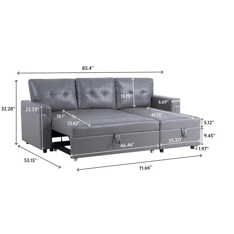 Canapé d'angle convertible et réversible avec lit gigogne, méridienne de rangement dissimulée et pieds robustes.