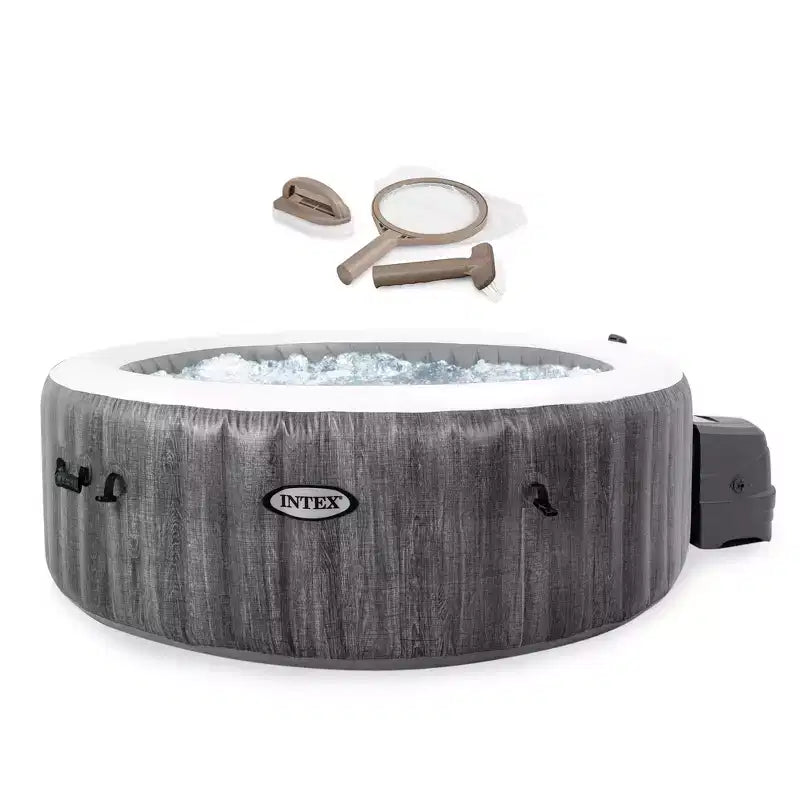 INTEX 28439EP PureSpa Plus Greywood Inflatable Hot Tub Bubble Jet Spa and Maintenance Accessory Kit with Brush, Skimmer and Scrubber