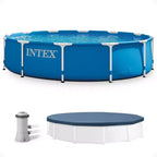 Intex 12 Foot x 30 Inch Round Metal Frame Above Ground Outdoor Swimming Pool Set with Filter Pump and Easy Set Round Vinyl Pool Cover, Blue