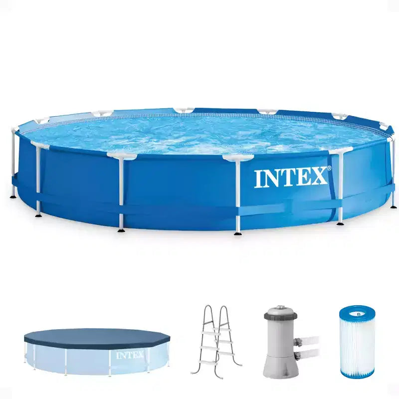 Intex 12' x 30 Round Metal Frame Outdoor Above Ground Swimming Pool Set with Filter Pump, Cartridges, 42 Inch Steel Pool Ladder, and Secure Cover