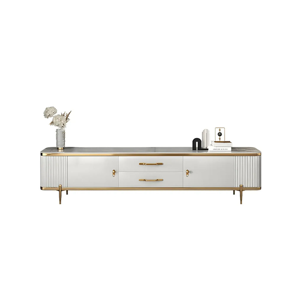 Meuble TV avec armoire, panneaux cannelés en pierre blanche et garniture dorée, 71 cm