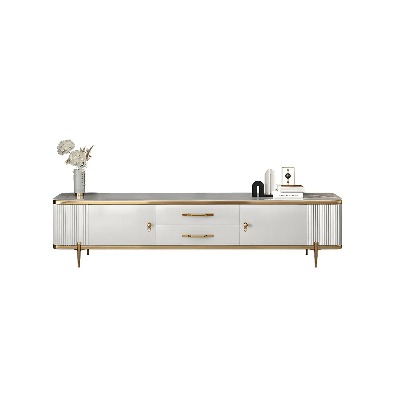 Meuble TV avec armoire, panneaux cannelés en pierre blanche et garniture dorée, 71 cm