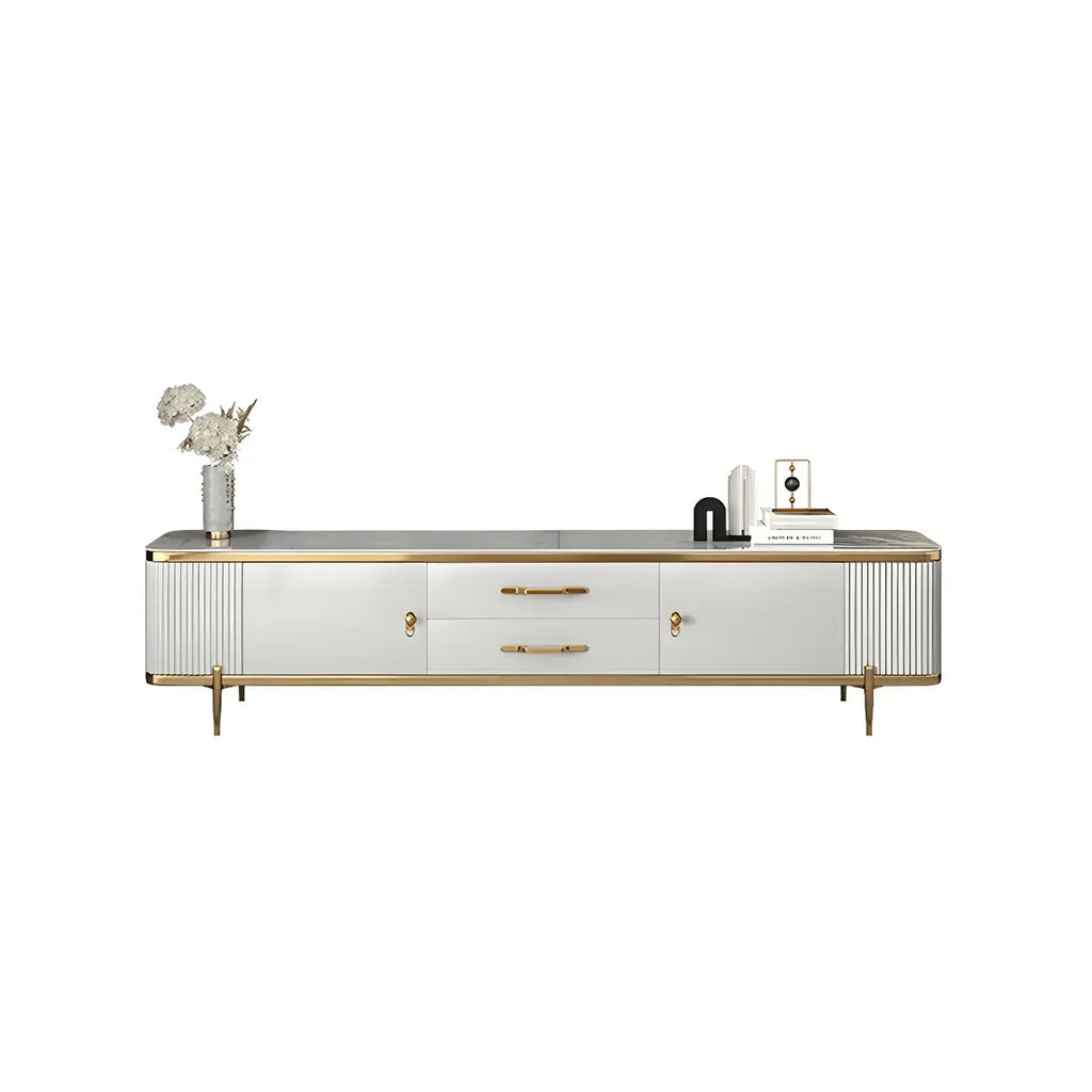 Meuble TV avec armoire, panneaux cannelés en pierre blanche et garniture dorée, 71 cm
