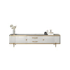 Meuble TV avec armoire, panneaux cannelés en pierre blanche et garniture dorée, 71 cm