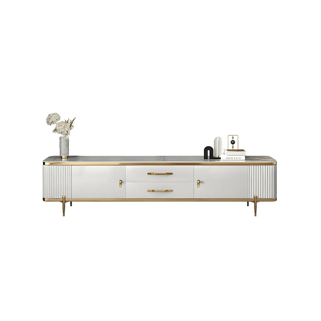 Meuble TV avec armoire, panneaux cannelés en pierre blanche et garniture dorée, 71 cm