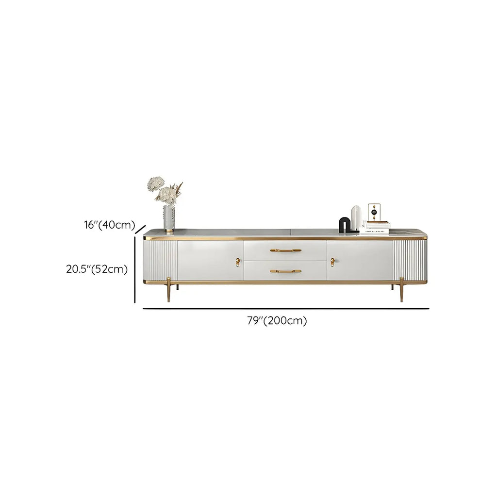 Meuble TV avec armoire, panneaux cannelés en pierre blanche et garniture dorée, 71 cm