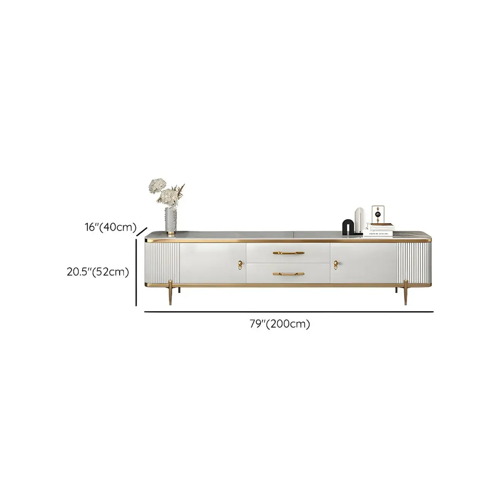 Meuble TV avec armoire, panneaux cannelés en pierre blanche et garniture dorée, 71 cm