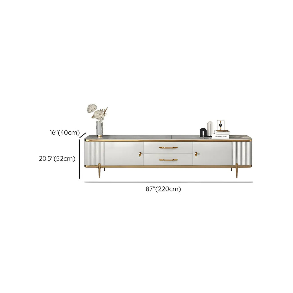 Meuble TV avec armoire, panneaux cannelés en pierre blanche et garniture dorée, 71 cm