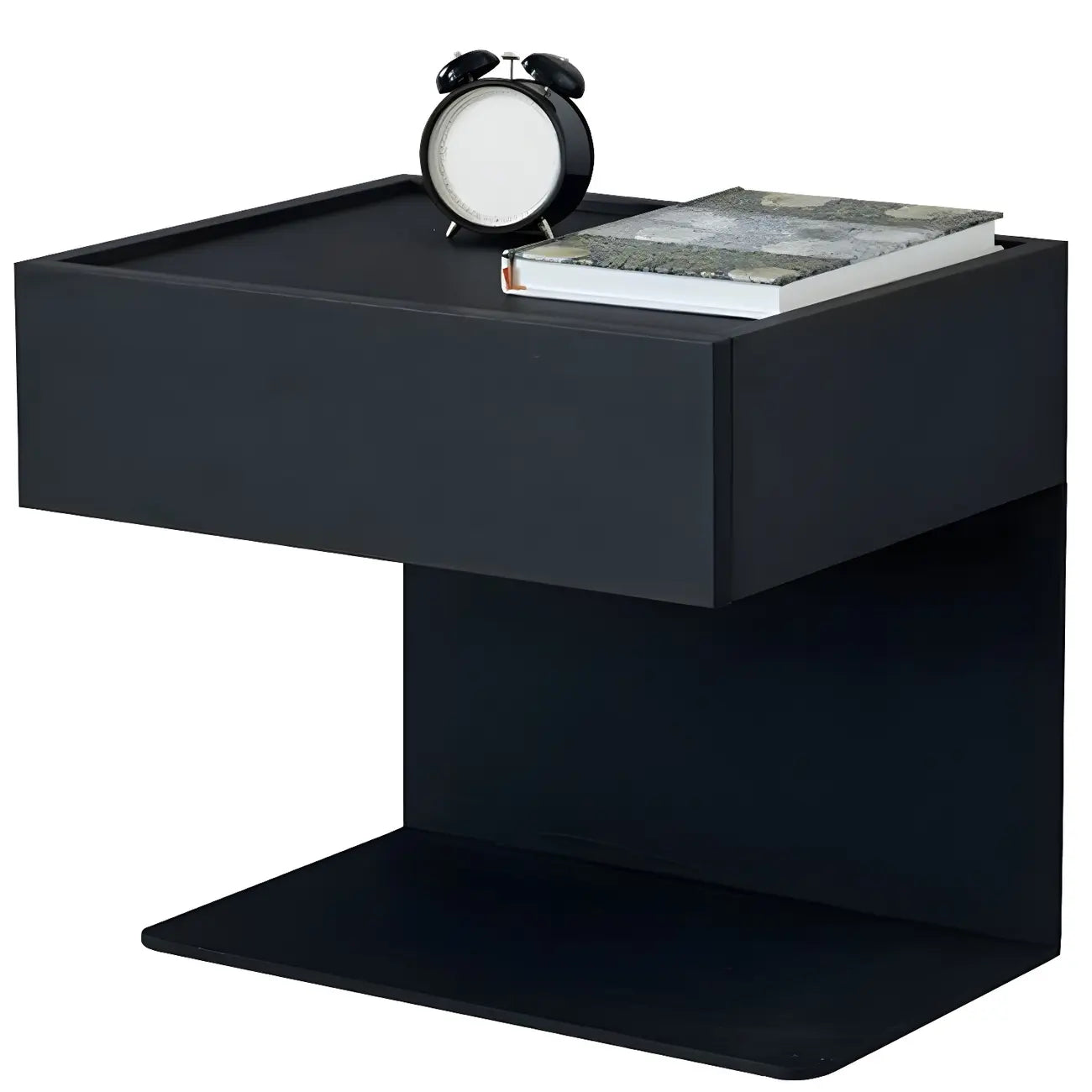 Table de chevet en forme de C avec tiroir et éclairage intégré, en acier noir et bois.