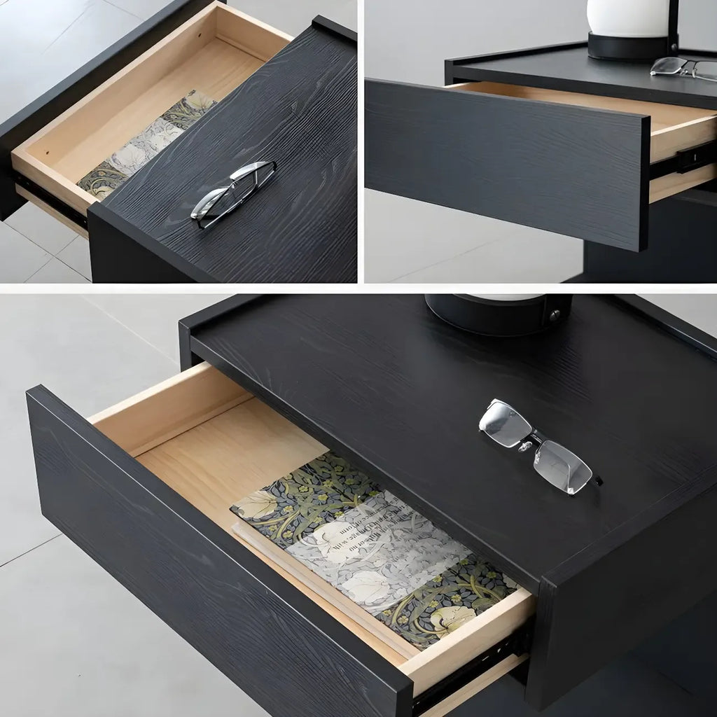 Table de chevet en forme de C avec tiroir et éclairage intégré, en acier noir et bois.