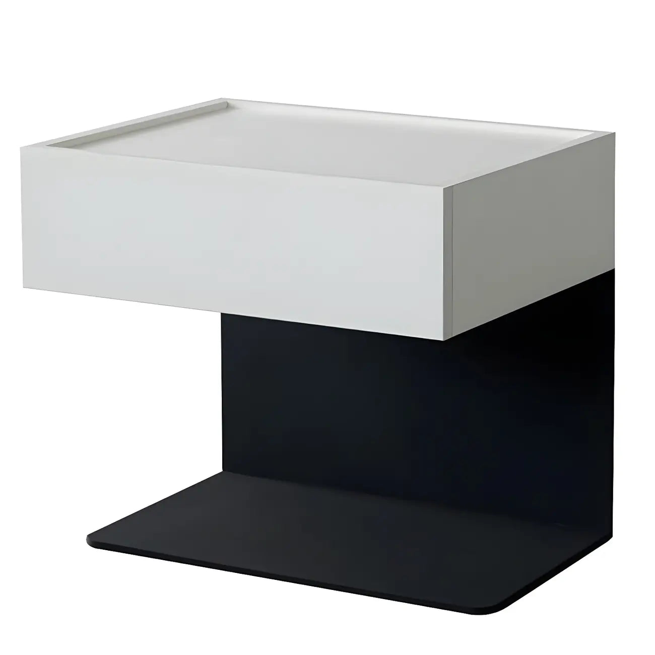 Table de chevet en forme de C avec tiroir et éclairage intégré, en acier noir et bois.