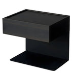 Table de chevet en forme de C avec tiroir et éclairage intégré, en acier noir et bois.
