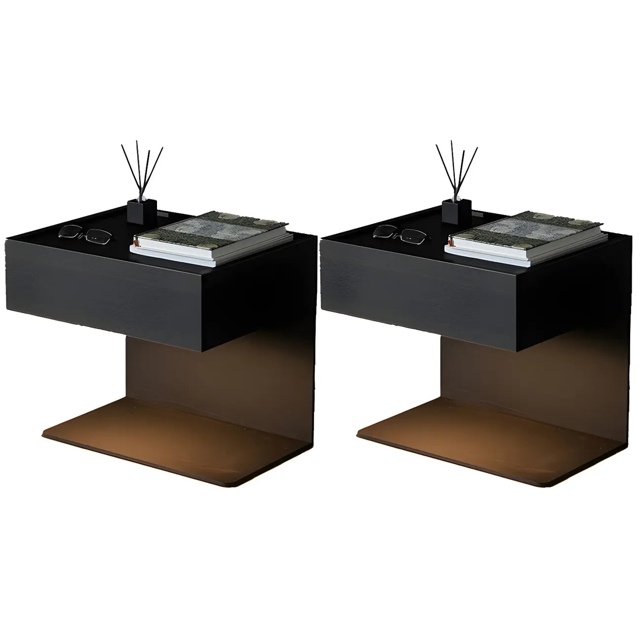 Table de chevet en forme de C avec tiroir et éclairage intégré, en acier noir et bois.