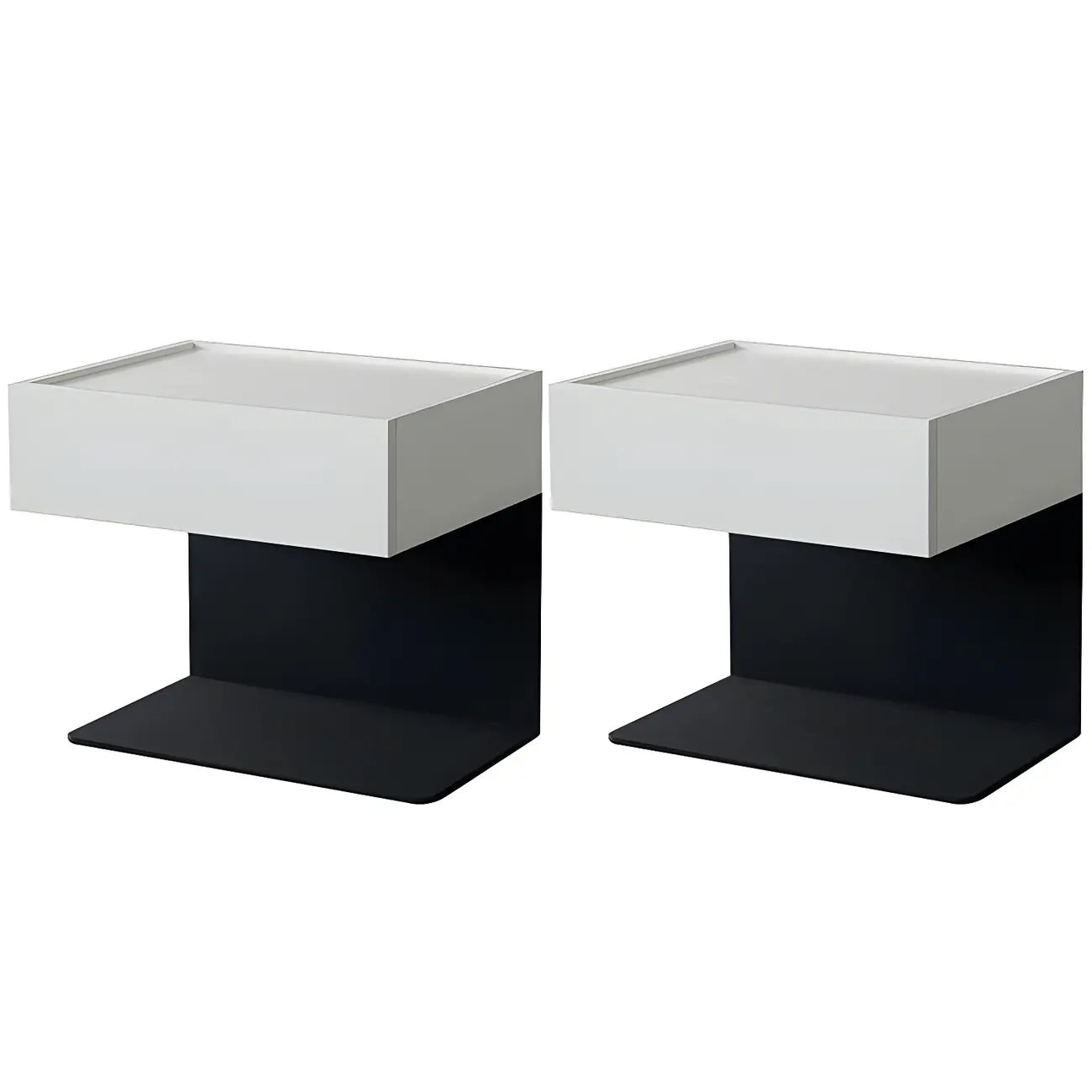 Table de chevet en forme de C avec tiroir et éclairage intégré, en acier noir et bois.