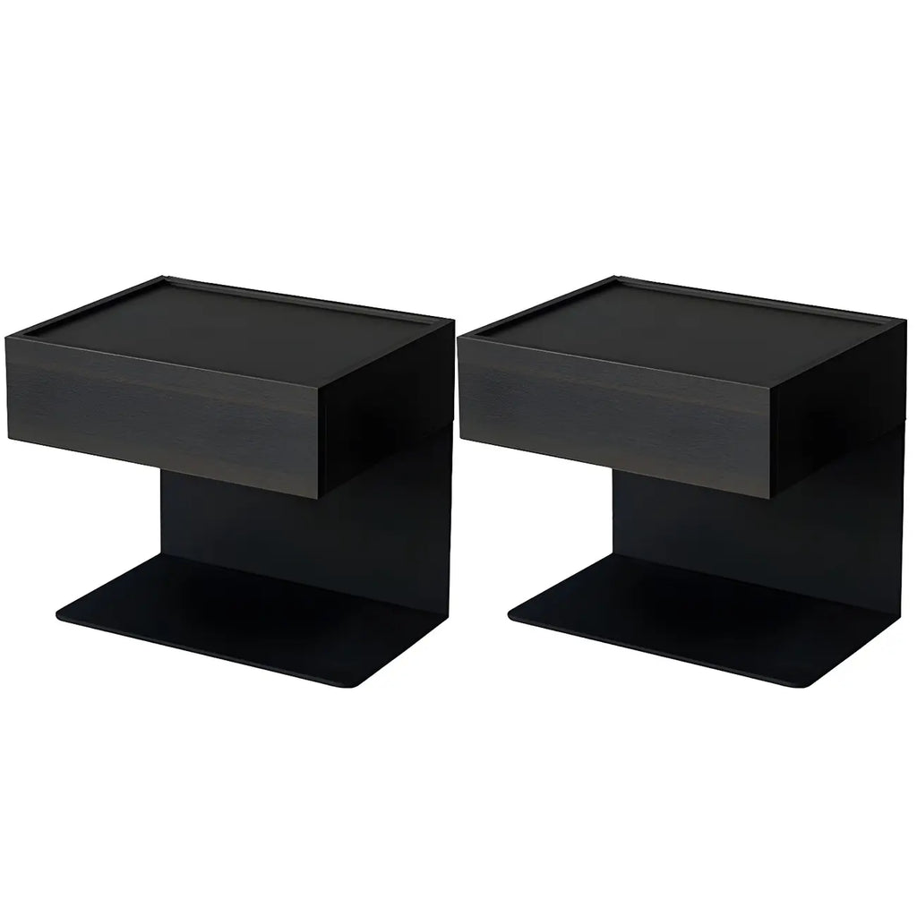 Table de chevet en forme de C avec tiroir et éclairage intégré, en acier noir et bois.