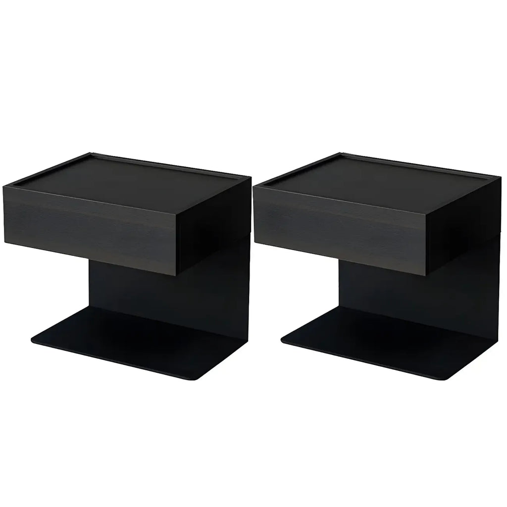 Table de chevet en forme de C avec tiroir et éclairage intégré, en acier noir et bois.
