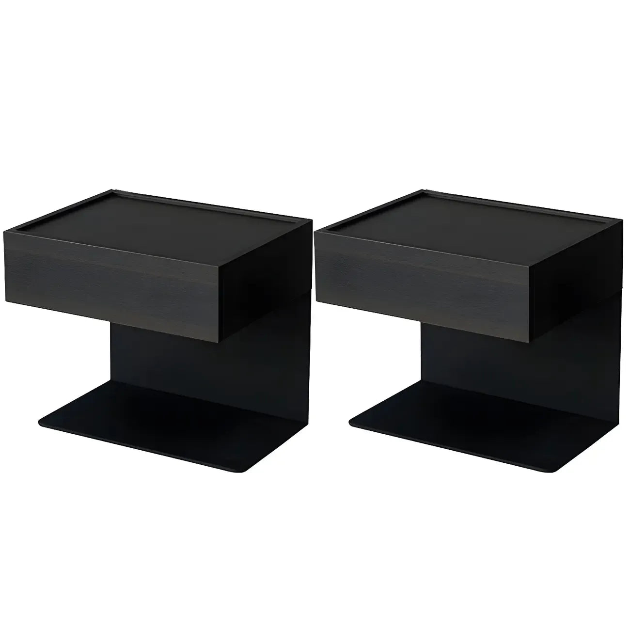 Table de chevet en forme de C avec tiroir et éclairage intégré, en acier noir et bois.