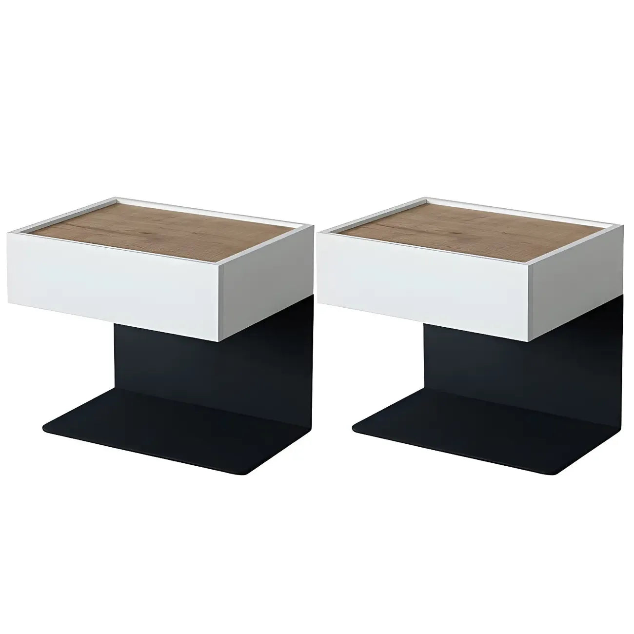 Table de chevet en forme de C avec tiroir et éclairage intégré, en acier noir et bois.