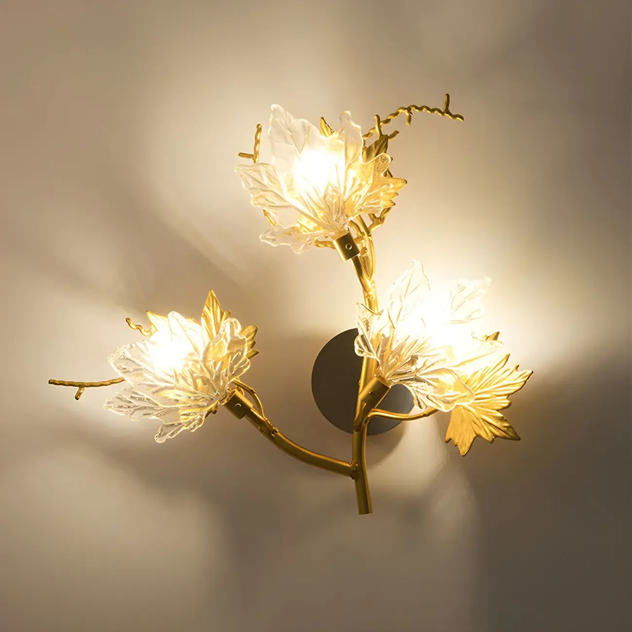 Applique da parete a LED in ottone anticato a 3 luci con foglia