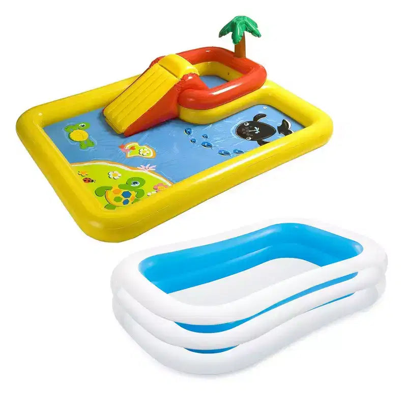 Intex 100 x 77 Inflatable Ocean Play Center Kids Backyard Kiddie Pool & Games with 8.5' x 5.75' Swim Center Family Pool for 2-3 Kids, Blue & White